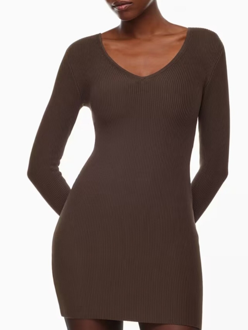 Babaton Aritzia Sculpt Knit V-Neck Dress rich mocha brown